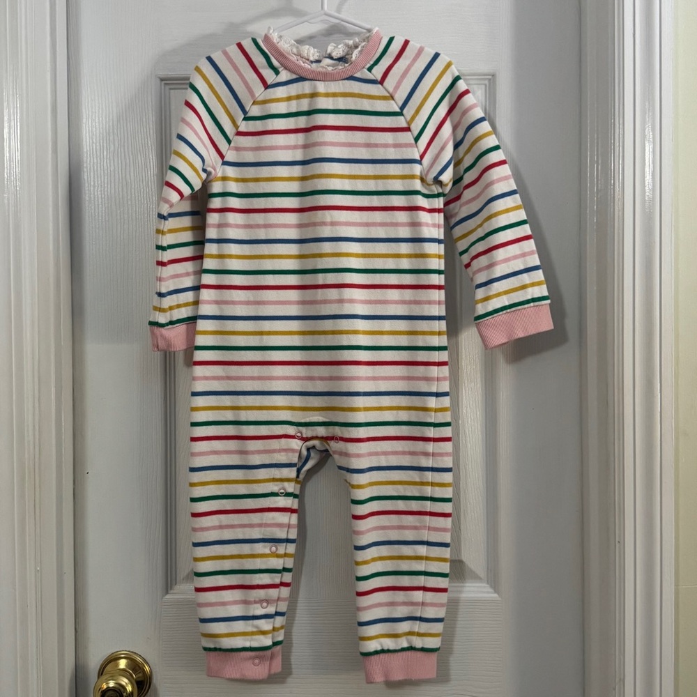 Mini Boden Baby Girl Multicolor Striped Footie with Pink Trim Long Sleeve